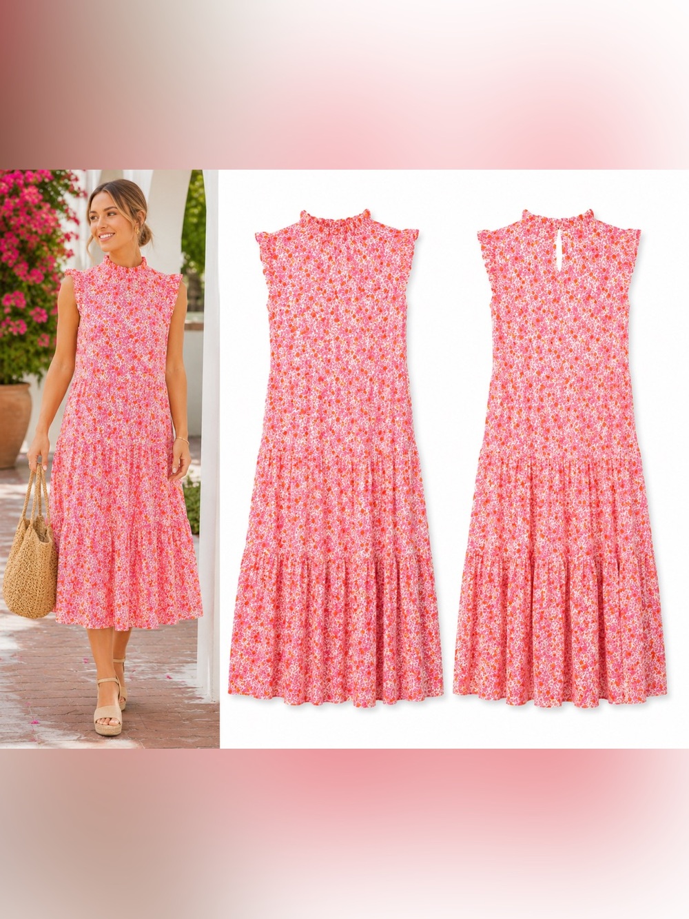J.Crew Pink Orange Floral Ruffle Neck Tiered Midi Dress Size 2